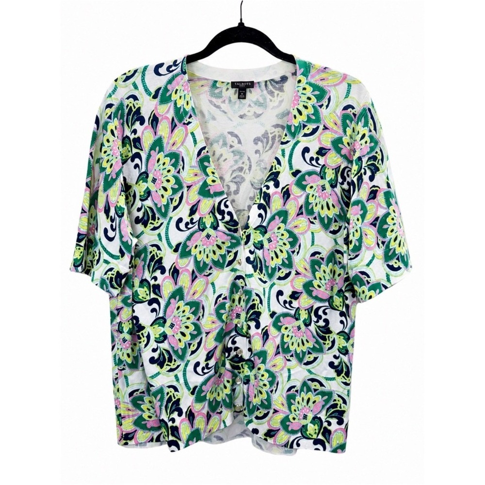 Talbots Petite Floral Cardigan‎ XL Button Front Knit Top Colorful Paisley Preppy